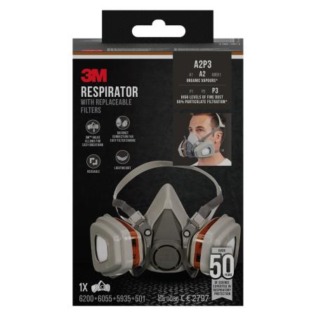 3M™ Atemschutzmaske 6003KIT-1 mit austauschbaren Filtern, A2P3 Organische Dämpfe (1x6200, 2x6055, 2x5935, 2x501)