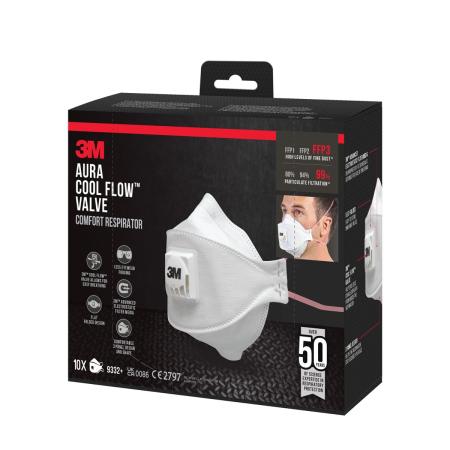Preview: 3M™ Aura™ Comfort Cool Flow™ Partikelmaske 9332+, FFP3, mit Ventil, 10er-Packung
