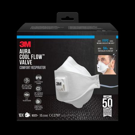 Preview: 3M™ Aura™ Comfort Cool Flow™ Partikelmaske 9322+, FFP2, mit Ventil, 10er-Packung
