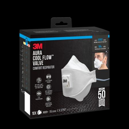 Preview: 3M™ Aura™ Comfort Cool Flow™ Partikelmaske 9322+, FFP2, mit Ventil, 10er-Packung