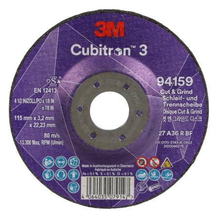 3M™ Cubitron™ 3 Cut and Grind Schruppscheibe, 94159, 36+, T27, 115 mm x 3,2 mm x 22,23 mm, EN, 10/Pack, 20 Stück/VE
