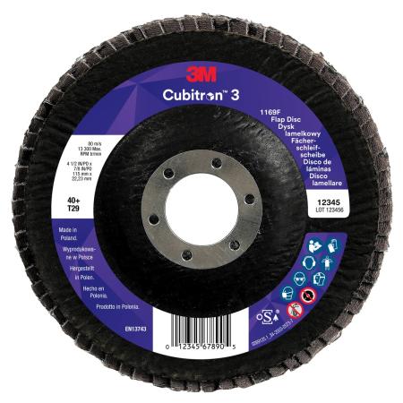 3M™ Cubitron™ 3 Fächerschleifscheibe 1169F, 40+, T29-Conical, 115 mm x 22.23 mm, 1/Pack, 10 ea/Case, Sample Pack