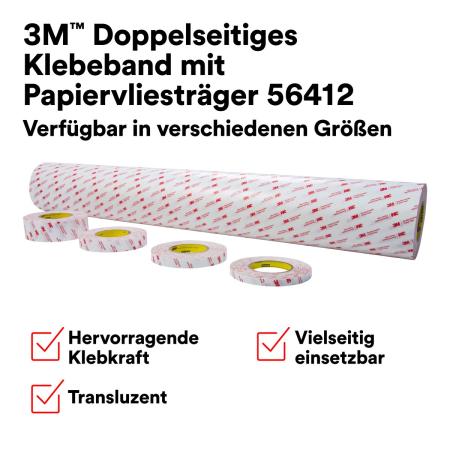 3M™ Doppelseitiges Klebeband mit Papiervlies-Träger 56412, Transparent, 1000 mm x 50 m