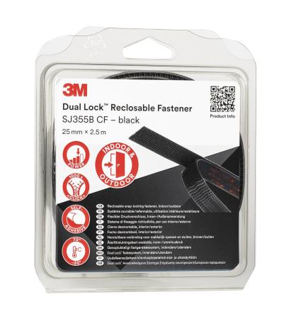 3M™ Dual Lock™ Flexibler Druckverschluss SJ355B, Schwarz, 25 mm x 2.5 m, 5.7 mm, 40 Köpfe/cm², Einzeln verpackt