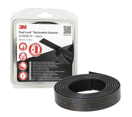 3M™ Dual Lock™ Flexibler Druckverschluss SJ355B, Schwarz, 25 mm x 2.5 m, 5.7 mm, 40 Köpfe/cm², Einzeln verpackt