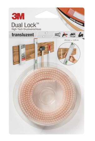 3M™ Dual Lock™ Flexibler Druckverschluss SJ3560, Transparent, 25 mm x 1.25 m, 5.7 mm, 40 Köpfe/cm², Außenbereich, Blister