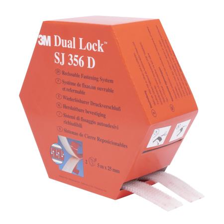 3M™ Dual Lock™ Flexibler Druckverschluss SJ356D, Transparent, 25 mm x 5 m, 5.7 mm, 40 Köpfe/cm², Spendebox