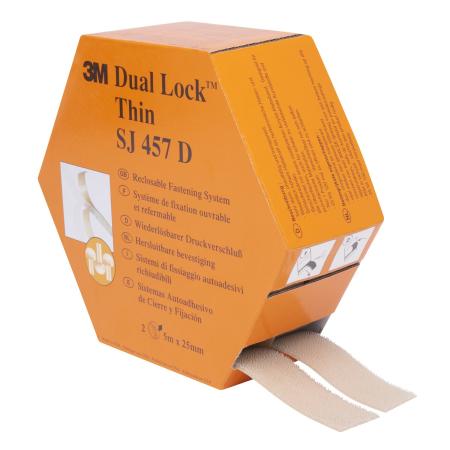 3M™ Dual Lock™ Flexibler Druckverschluss SJ457D, Schwarz, 25 mm x 5 m, 1.7 mm, 109 Köpfe/cm², Spendebox