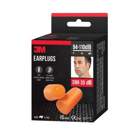 Preview: 3M™ Gehörschutzstöpsel 1100, Weichschaum, SNR-Wert 35 dB, Orange, 30 Paar/Packung