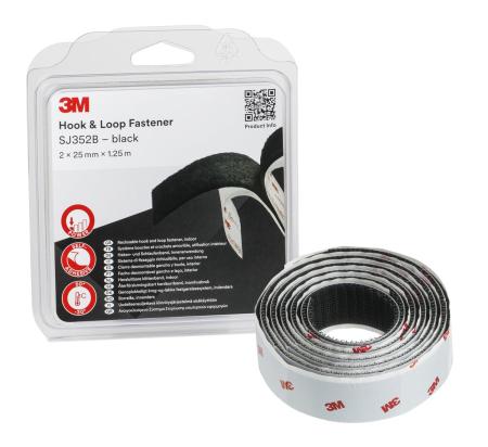 3M™ Haken- und Schlaufenband SJ352B, Schwarz, 25 mm x 1.25 m, 4.4 mm, Blister IPC