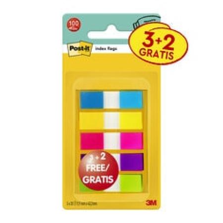 Post-it® Index Haftstreifen, Mini, Verschiedene Farben, 11.9 mm x 43.2 mm, Promotion, 60 Haftstreifen + 40 Gratis/Spender, 1 Spender/Packung