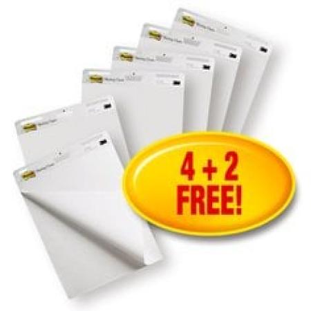 Post-it® Super Sticky selbsthaftendes Meeting Chart/Flipchart 559VP, Weiß, 63.5 cm x 76.2 cm, Promotion, 4 Blöcke + 2 Gratis/Packung, 100% PEFC SGSCH-PEFC-COC-110078