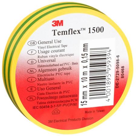3M™ Temflex™ 1500 Vinyl Elektro-Isolierband, Gelb-Grün, 15 mm x 25 m, 0,15 mm