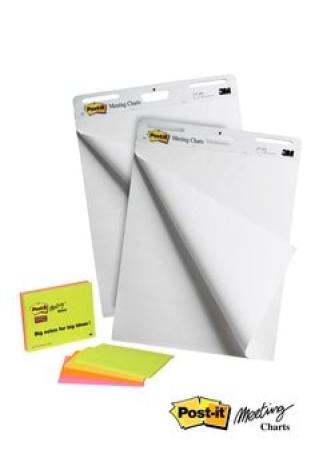 Post-it® Super Sticky selbsthaftendes Meeting Chart/Flipchart 559P, Weiß, 63.5 cm x 76.2 cm, Promotion + Post-it® Super Sticky Meeting Notes, Verschiedene Neonfarben, 2 Blöcke + 4 Gratis/Packung, 100% PEFC SGSCH-PEFC-COC-110078