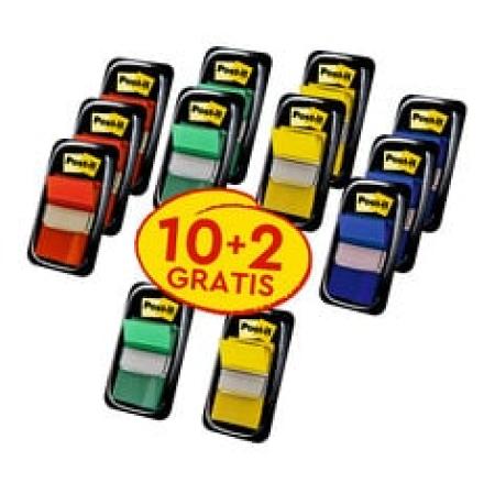 Post-it® Index Haftstreifen, Standard, Verschiedene Farben, 25.4 mm x 43.2 mm, Promotion, 50 Haftstreifen/Spender, 10 Spender + 2 Gratis/Packung