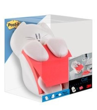 Post-it® Z-Notes Dispenser, Katze, Weiß + Post-it® Super Sticky Z-Notes, Pink, 76 mm x 76 mm, 90 Blatt/Block, 1 Block/Packung
