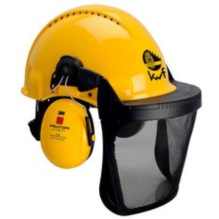 3M™ Schutzhelmkombination für die Forstwirtschaft, G3000 gelber Schutzhelm, Optime I Kapselgehörschützer, Netzvisier V5B, KWF-Logo, G3000MGU51V5B-FPA
