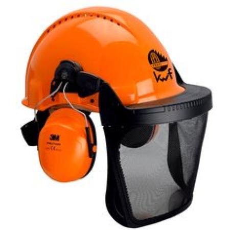 3M™ Schutzhelmkombination für die Forstwirtschaft, G3000 orangefarbener Schutzhelm, H31 Kapselgehörschützer, Netzvisier V5B, KWF-Logo, G3000MOR31V5B-FPA