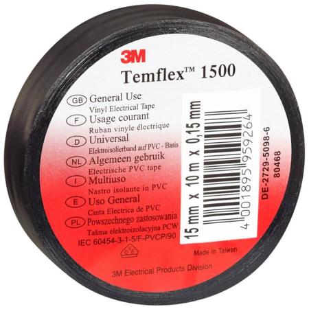 3M™ Temflex™ 1500 Vinyl Elektro-Isolierband, Schwarz, 15 mm x 25 m, 0,15 mm