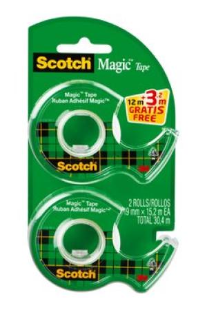 Scotch® Magic™ Unsichtbares Klebeband, 2 Rollen, 19 mm x 12 m + 3,2 m GRATIS + 1 Handabroller
