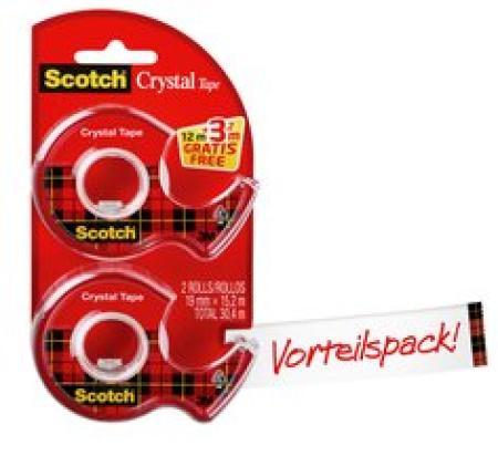Scotch® Crystal Klebeband, 19 mm x 12 m, 2 Rollen auf Abrollern + 3.2 m GRATIS