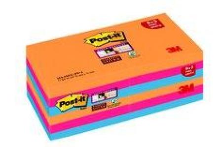 Post-it® Super Sticky Notes  654SE9+3, 76 x 76 mm, neonorange, ultrablau, ultrapink, 12 Blöcke à 90 Blatt, 100% PEFC SGSCH-PEFC-COC-110078