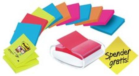 Post-it® Z-Notes Dispenser, PRO, Weiß + Post-it® Super Sticky Z-Notes, Verschiedene Farben, 76 mm x 76 mm, 90 Blatt/Block, 12 Blöcke/Packung