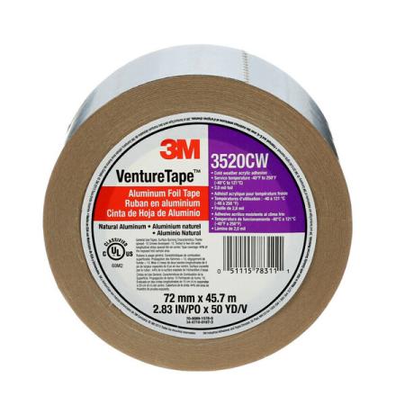 3M™ Venture Tape™ Aluminum Foil Tape 3520CW, Silver, 72 mm x 45.7 m, 3.7 mil, 16 rolls per case