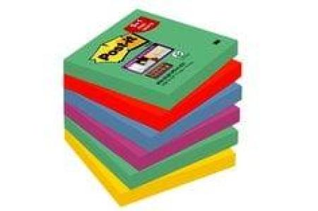 Post-it® Super Sticky Notes Promotion 654SM5+1, 6 Blöcke à 90 Blatt zum Vorteilspreis, Marrakesh Collection: lindgrün, ultrarot, -gelb, pflaumenlila, 76 x 76 mm, PEFC zertifiziert