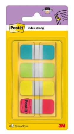 Post-it® Index Strong Ablagetabs, Mini, Gelb, Rot, Blau und Grün, 15.8 mm x 38.1 mm, 40 Haftstreifen/Spender, 1 Spender/Packung