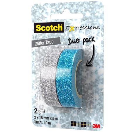 Scotch® Expressions Klebeband, 2er-Pack Glitzer Silber und Blau, 15 mm x 5 m, C514-2PACK2-WE R2-12/CTV