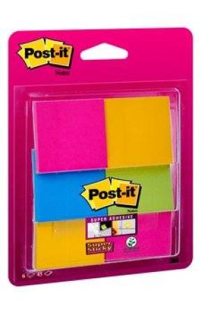 Post-it® Super Sticky Notes, Verschiedene Farben, 47.6 mm x 47.6 mm, 45 Blatt/Block, 6 Blöcke/Packung