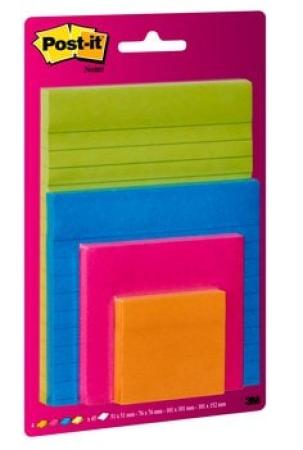 Post-it® Super Sticky Notes, farbig, verschiedene Größen, 2x liniert, 2x blanko, 4 Blöcke á 45 Blatt, 100% PEFC SGSCH-PEFC-COC-110078