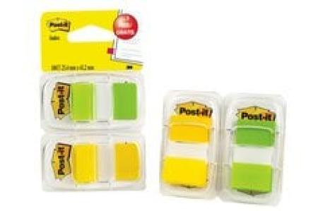 Post-it® Index Haftstreifen, Standard, Gelb und Grün, 25.4 mm x 43.2 mm, Promotion, 50 Haftstreifen/Spender, 1 Spender + 1 Gratis/Packung