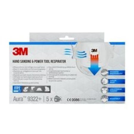 3M™ Aura™ Maske für Hand- und Maschinenschleifen 9322+, FFP2, mit Ventil, 5 pro Packung