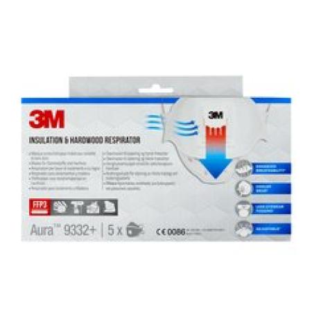 3M™ Aura™ Maske für Dämmstoffe und Hartholz 9332+, FFP3, mit Ventil, 5 pro Packung
