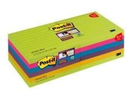 Post-it® Super Sticky Notes Promotion 675-SSUC-P8+4 12 Blöcke á 90 Blatt zum Vorteilspreis, neongrün, ultrapink, -blau, pflaumenlila, ultragelb, 101 x 101 mm, liniert, 100% PEFC SGSCH-PEFC-COC-110078