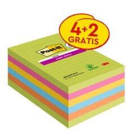 Post-it® Super Sticky Notes im Großformat, Verschiedene Farben, Liniert, 101 mm x 152 mm, Promotion, 90 Blatt/Block, 4 Blöcke + 2 Gratis/Packung, 100% PEFC SGSCH-PEFC-COC-110078