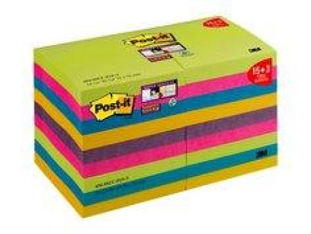 Post-it® Super Sticky Notes Promotion 654-SSUC-P15+3 18 Blöcke á 90 Blatt zum Vorteilspreis, Rainbow Collection (neongrün, ultrapink, -blau, -gelb, pflaumenlila), 76 x 76 mm, PEFC zertifiziert, 100% PEFC SGSCH-PEFC-COC-110078