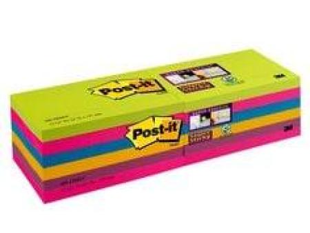 Post-it® Super Sticky Notes 655-12SSUC 12 Blöcke á 90, Rainbow Collection (neongrün, ultrapink, -blau, -gelb, pflaumenlila), 127 x 76 mm