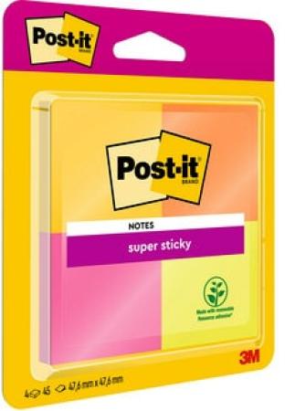 Post-It® Super Sticky Notes, Verschiedene Neonfarben, 47.6 mm x 47.6 mm, 45 Blatt/Block, 4 Blöcke/Packung, 100% PEFC SGSCH-PEFC-COC-110078