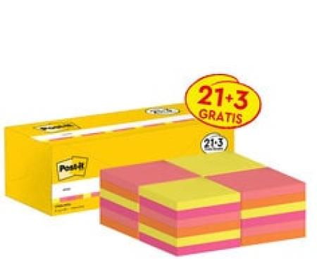 Post-it® Notes, Verschiedene Neonfarben, 76 mm x 76 mm, Promotion, 100 Blatt/Block, 21 Blöcke + 3 Gratis/Packung, Kartonverpackung, 100% PEFC SGSCH-PEFC-COC-110078