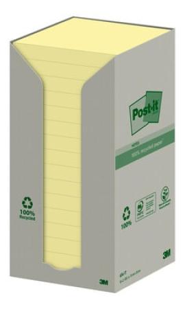 Post-it® Recycling Notes, Gelb, 76 mm x 76 mm, 100 Blatt/Block, 16 Blöcke/Packung, 100% PEFC Recycled SGSCH-PEFC-COC-110078