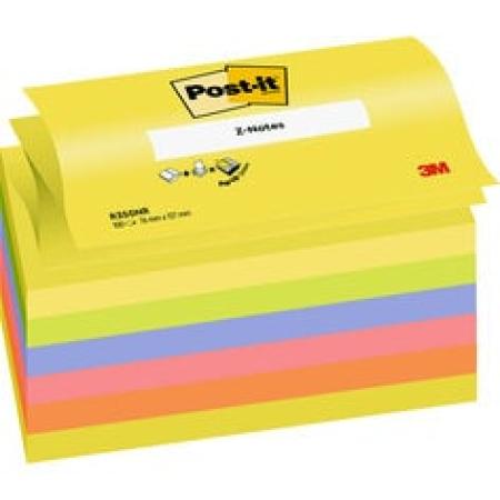 Post-it® Super Sticky Z-Notes Promotion, Verschiedene Neonfarben, 76 mm x 127 mm, 100 Blatt/Block, 6 Blöcke/Packung, 100% PEFC SGSCH-PEFC-COC-110078