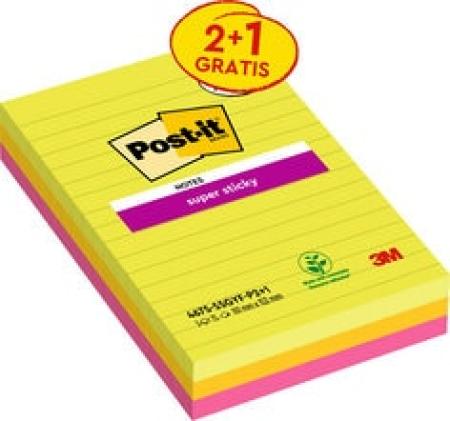 Post-it® Super Sticky Notes im Großformat, Verschiedene Farben, Liniert, 101 mm x 152 mm, 75 Blatt/Block, 3 Blöcke/Packung, 100% PEFC SGSCH-PEFC-COC-110078