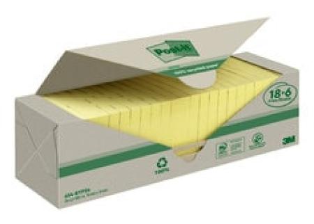 Post-it® Recycling Notes, Gelb, 76 mm x 76 mm, Promotion, 100 Blatt/Block, 18 Blöcke + 6 Gratis/Packung, 100% PEFC Recycled SGSCH-PEFC-COC-110078