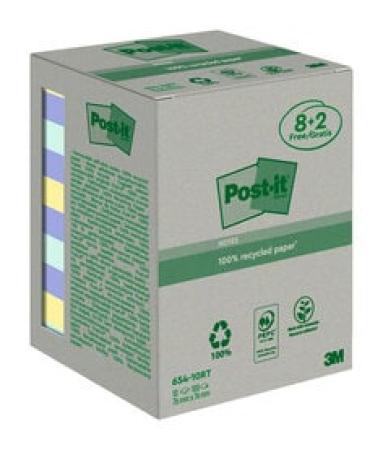 Post-it® Recycling Notes, Verschiedene Farben, 76 mm x 76 mm, Promotion, 100 Blatt/Block, 8 Blöcke + 2 Gratis/Packung, 100% PEFC Recycled SGSCH-PEFC-COC-110078