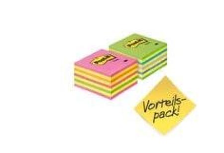 Post-it® Notes Würfel, Verschiedene Farben, 76 mm x 76 mm, Promotion mit 15% Gratis, 450 Blatt/Block, 2 Blöcke/Packung, 100% PEFC SGSCH-PEFC-COC-110078