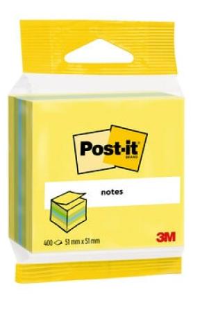 Post-it® Notes Mini Würfel, Gelb, Blau und Grün, 51 mm x 51 mm, 400 Blatt/Block, 1 Block/Packung, 100% PEFC SGSCH-PEFC-COC-110078