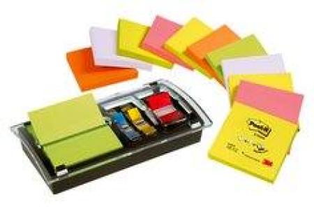 Post-it® Super Sticky Z-Notes Promotion, Verschiedene Neonfarben, 76 mm x 76 mm, 100 Blatt/Block, 12 Blöcke/Packung + Gratis Dispenser